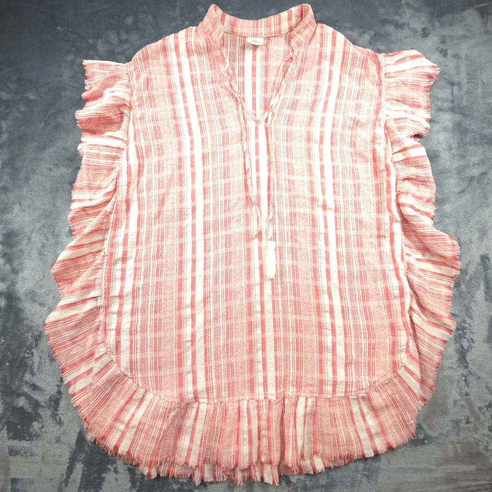 Hummingbird Red White Striped Ruffle Frayed Hem Cotton Boho Top HT13959A Large